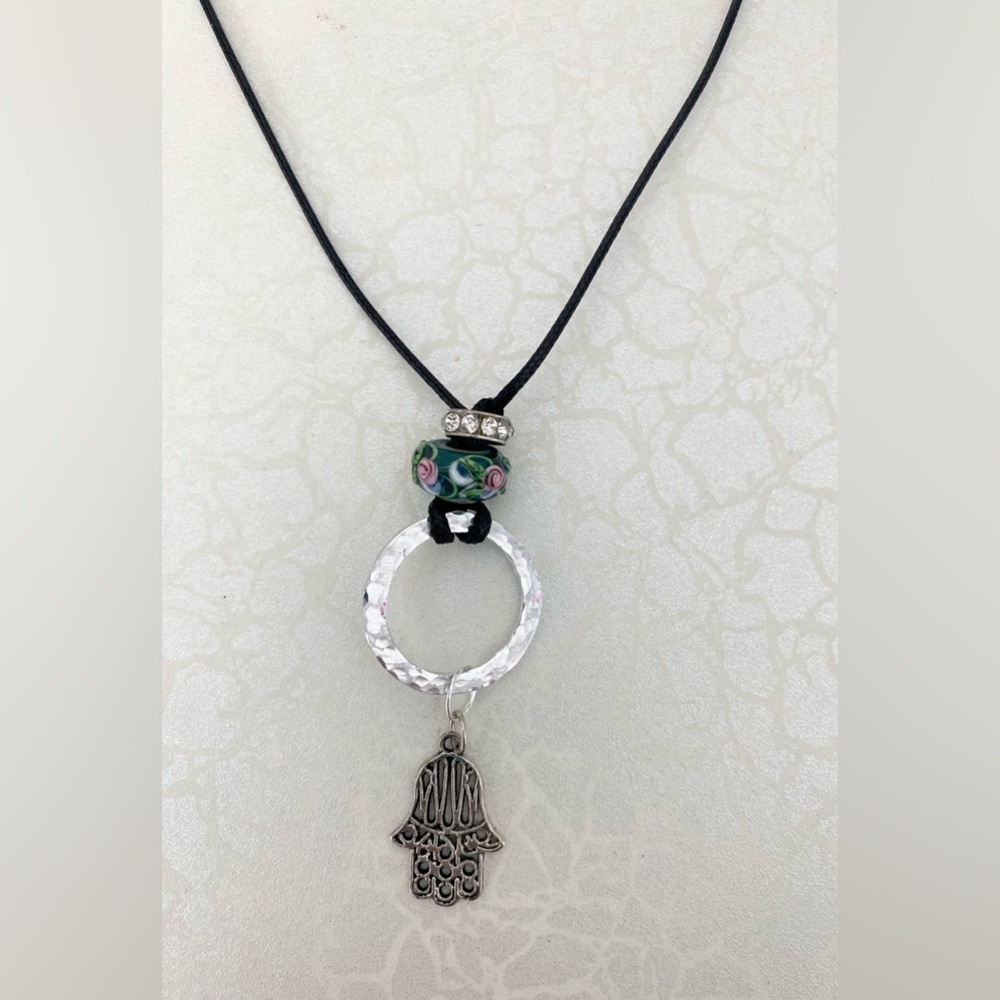 Handmade Floral Glass Bead & Hammered Silver Ring Hamsa Pendant Necklace